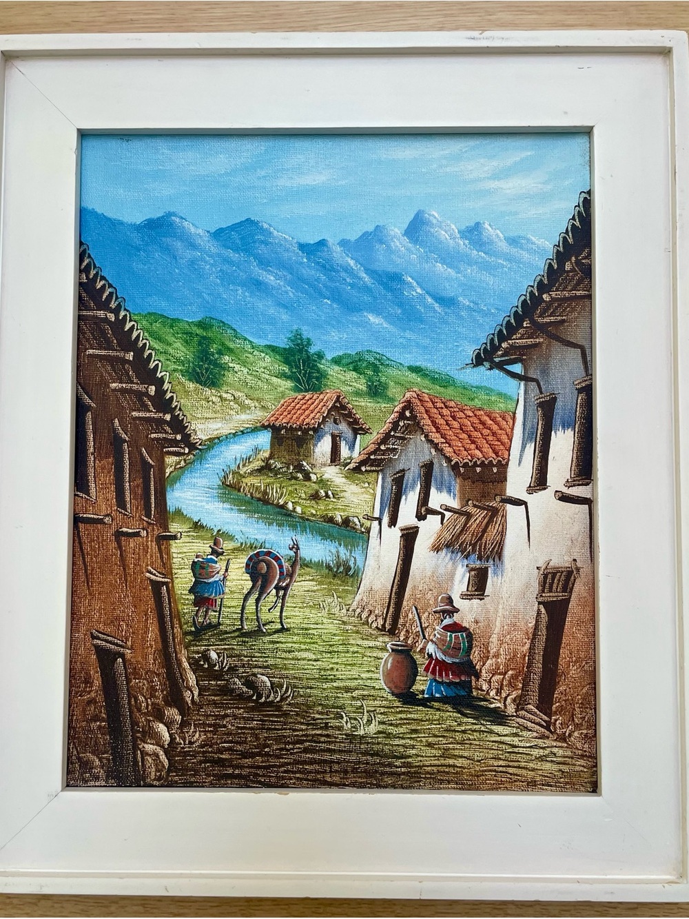 Peruvian Folk Art Oil Painting Canvas Wall Framed Cuzco-Peru Traditional Street